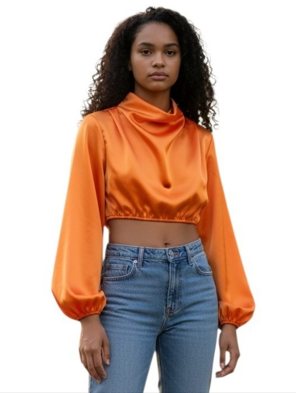 Pretty Little Thing Orange Satin Like Cropped Blouse with Cowl Neck Size 2